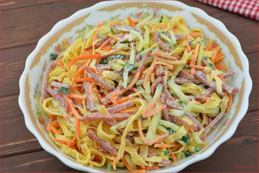 Вкусный и сытный рецепт салата с говядиной и яичными блинчиками 